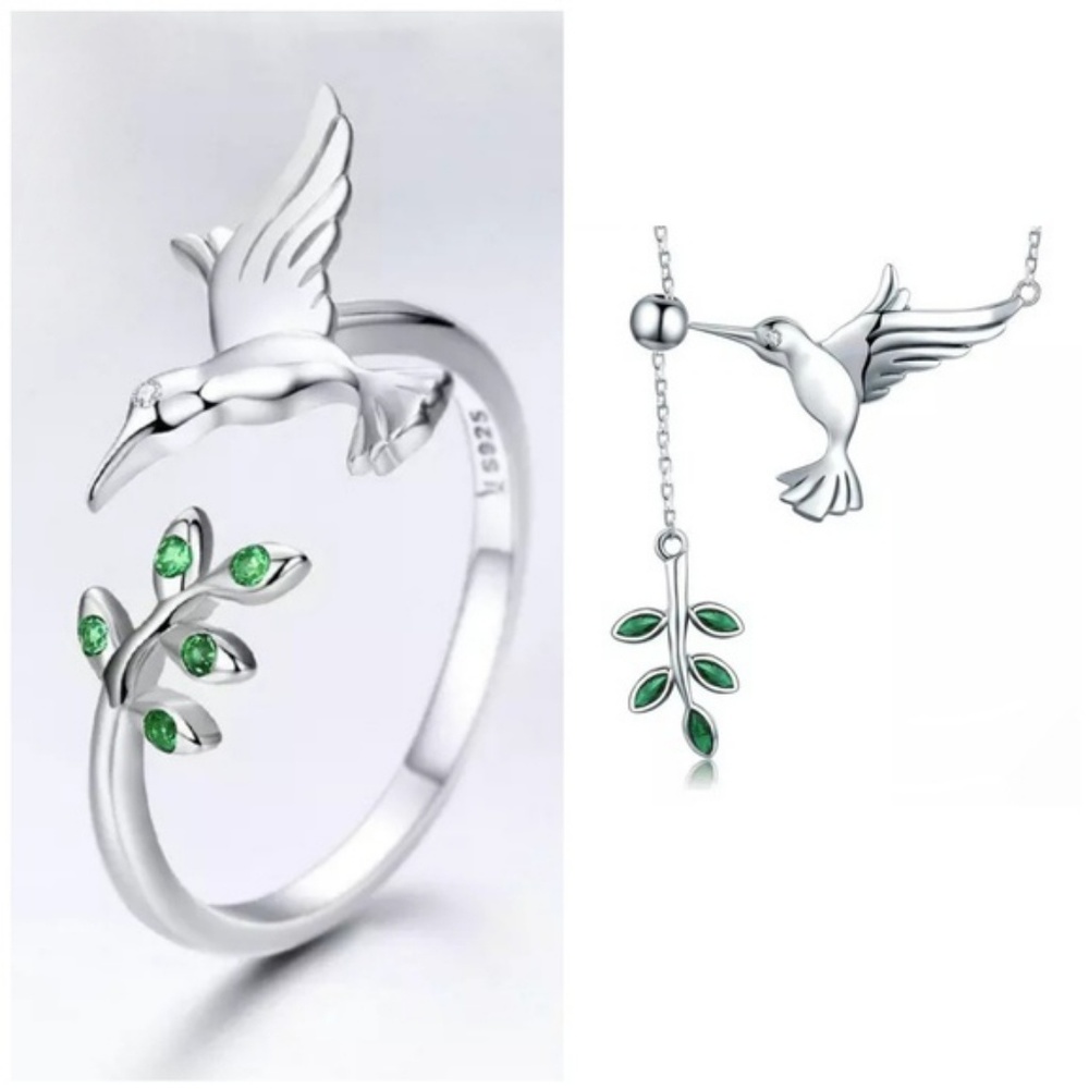 Sterling Silver Emerald Hummingbird Necklace/Ring